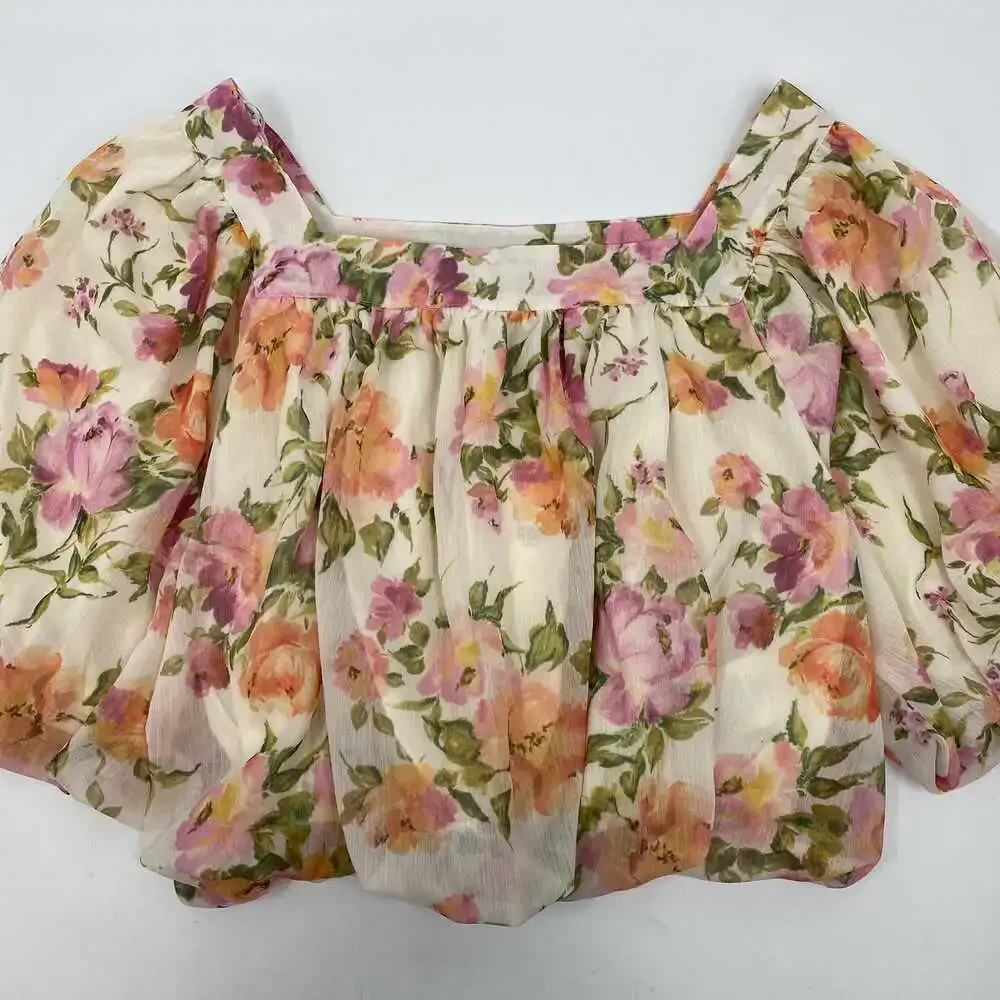 Anthropologie Cream Pink Floral Puff Sleeve Blouse | Women’s M